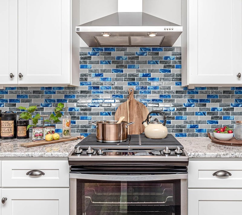 DEWOO Kitchen Backsplash Self Adhesive Wall 3D Marble Tiles Peel and Stick Bathroom, Blue (10-Sheet, 12"×12") - Image 2